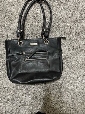 Rosetti Black Leather Shoulder Bag with Front Zip Pockets